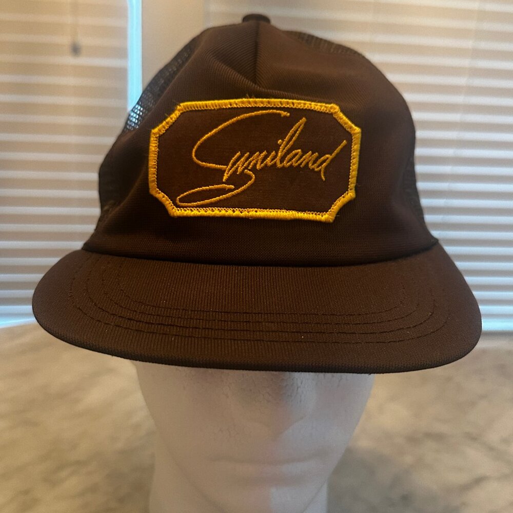 Vintage Suniland Furniture Houston Trucker Hat Brown Gold Riverside Small NWOT